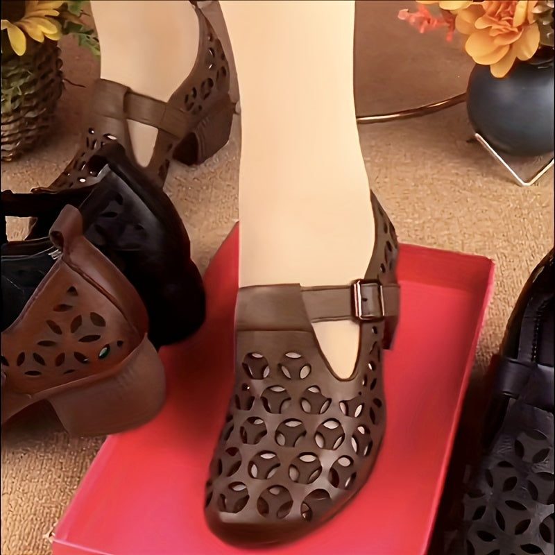 Women's Mary Jane Block Heel Shoes – Fashionable with Cut-Out Design, Everyday & Casual