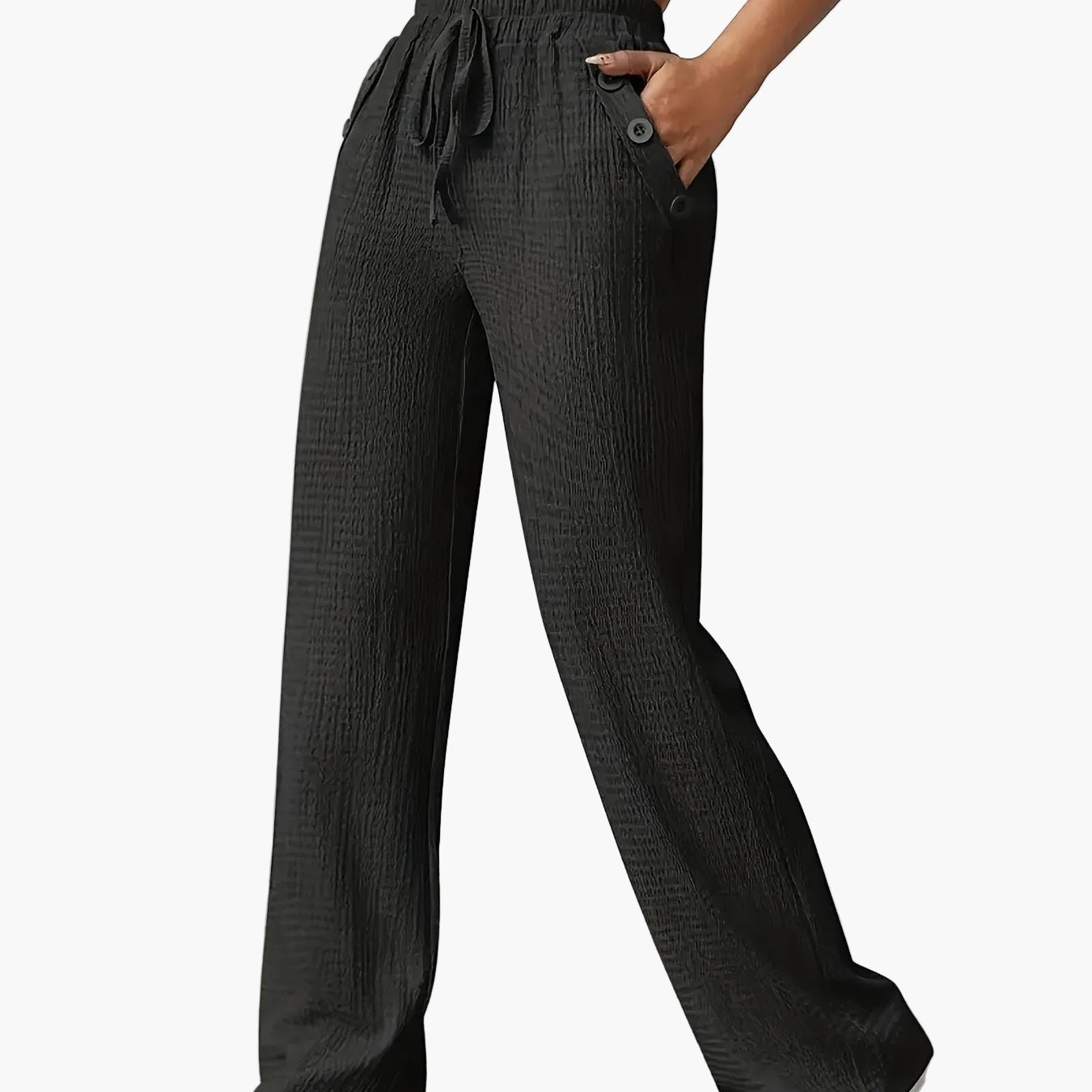 Women's Straight Leg Casual Pants with Button Details and Drawstring – Ideal for Everyday and Leisure
