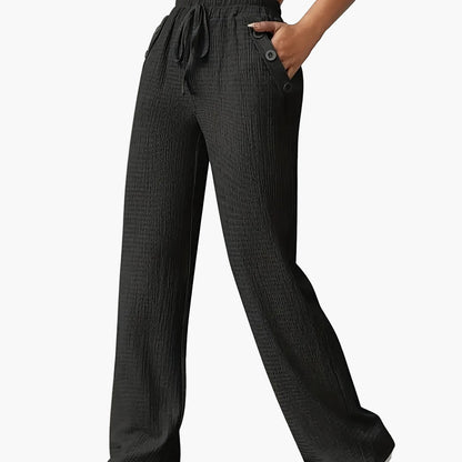 Women's Straight Leg Casual Pants with Button Details and Drawstring – Ideal for Everyday and Leisure