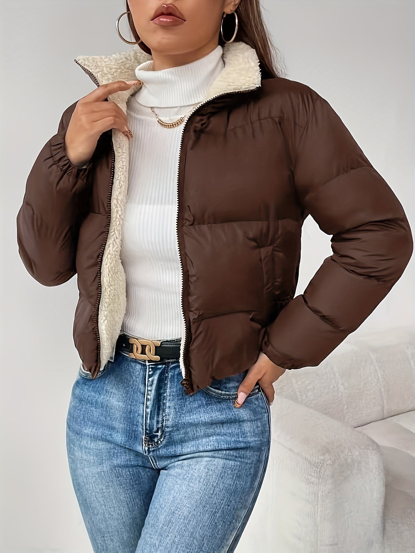 Women's Short Quilted Jacket with Teddy Lining and Zipper