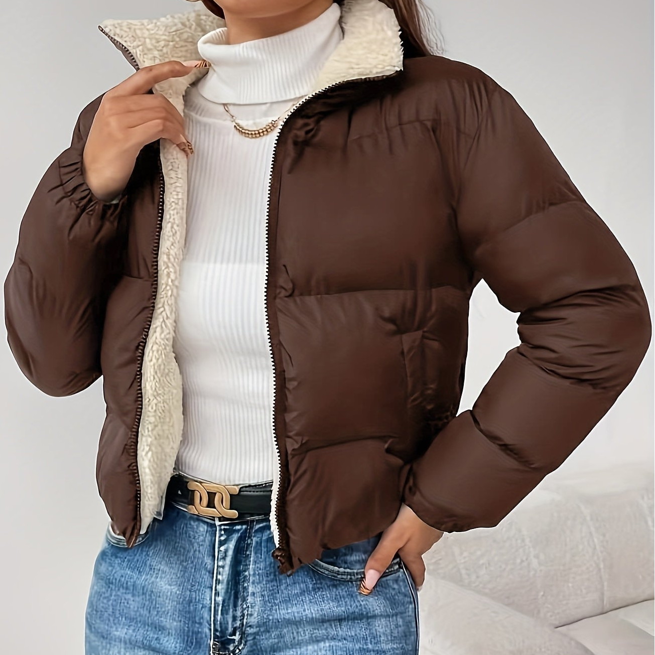 Women's Short Quilted Jacket with Teddy Lining and Zipper