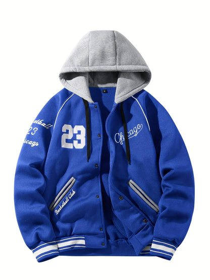 Men’s baseball jacket with hood, snap buttons, embroidery, and ribbed cuffs