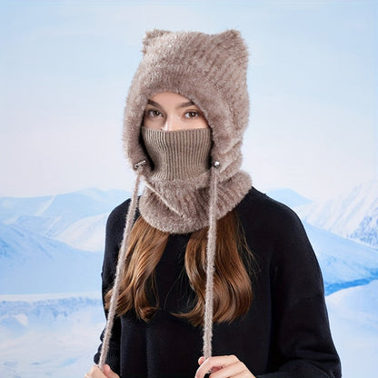 Gestrickte Balaclava-Mütze mit Ohren und integriertem Schal in Rippstrick