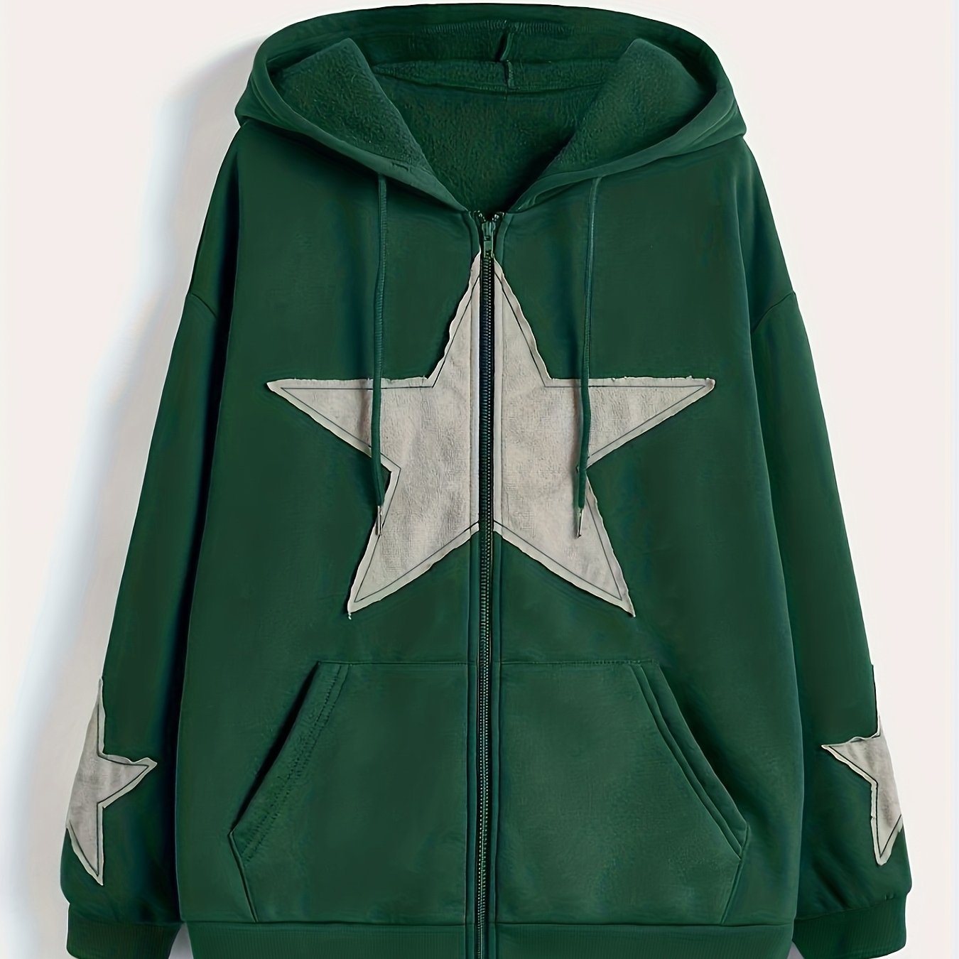 Unisex Kapuzenjacke mit Reißverschluss, Oversize, Stern-Applikationen, Kordelzug, Kängurutaschen