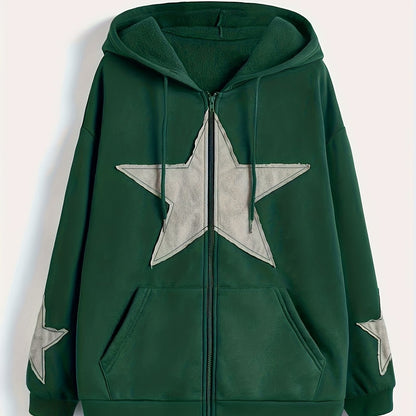 Unisex Kapuzenjacke mit Reißverschluss, Oversize, Stern-Applikationen, Kordelzug, Kängurutaschen