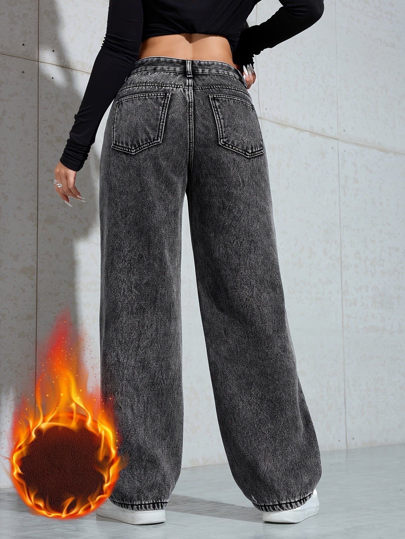 Women's wide-leg jeans with warm lining – dark gray