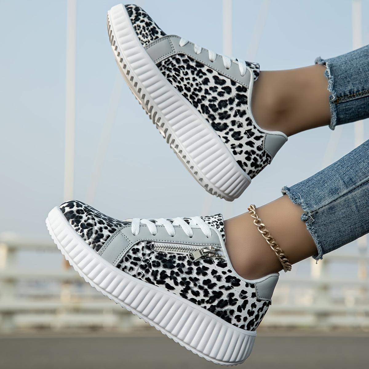 Women's Platform Sneakers with Leopard Print and Zipper – Fashionable Casual Shoes for Everyday and Street Style