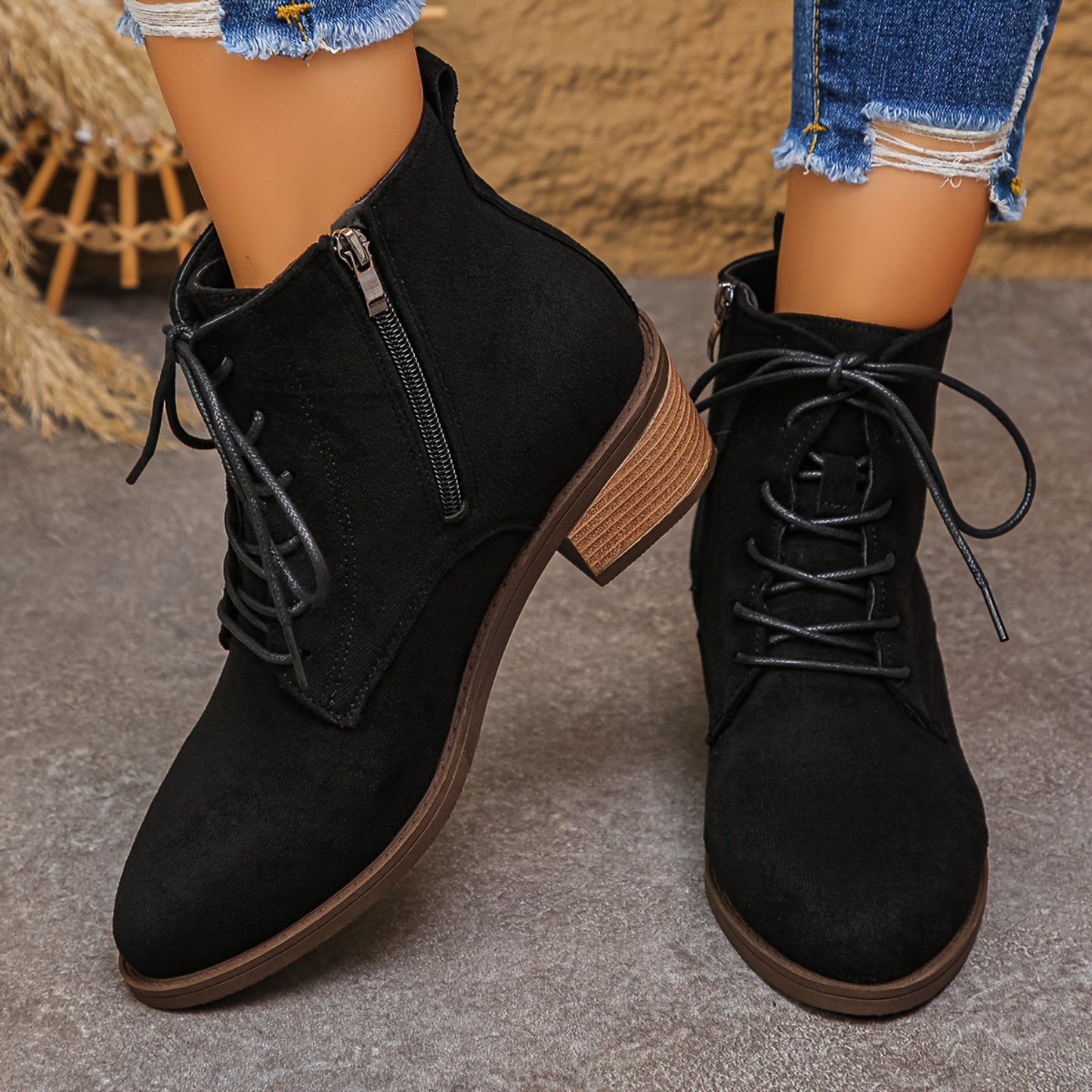 Women's lace-up ankle boots with block heels and a zipper