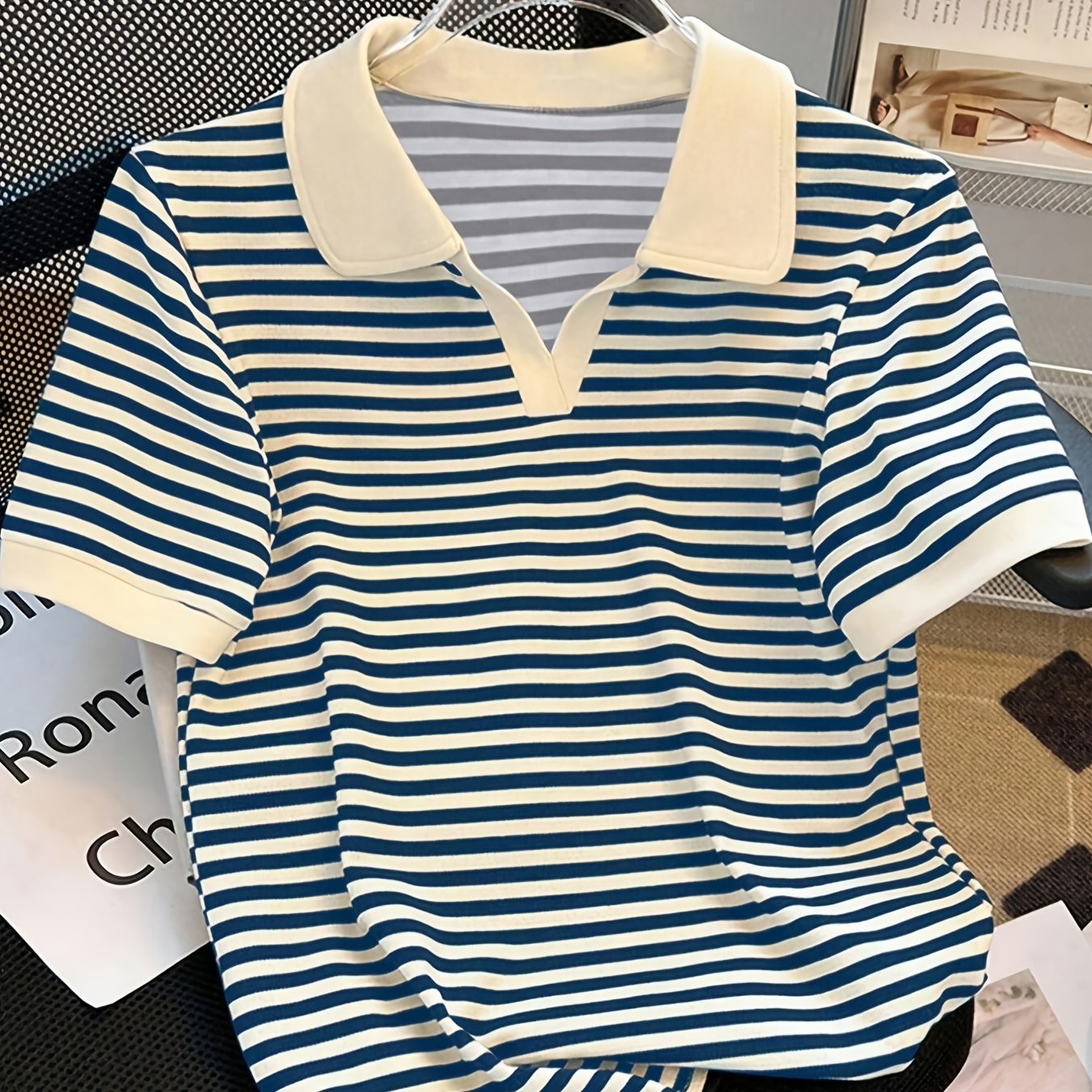 Women's polo shirt with stripes and V-neck – smart-casual style for leisure and office