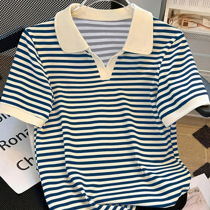 Women's polo shirt with stripes and V-neck – smart-casual style for leisure and office