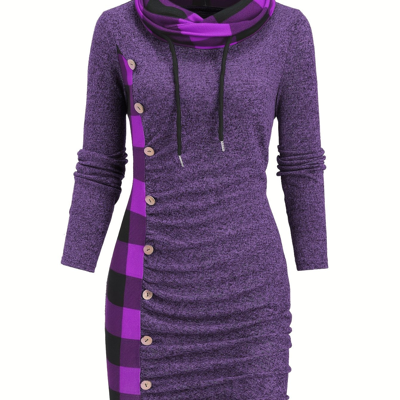 Damen Pulloverkleid mit Rollkragen, kariertem Einsatz & Knöpfen, Langarm, tailliert