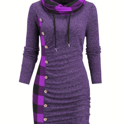 Damen Pulloverkleid mit Rollkragen, kariertem Einsatz & Knöpfen, Langarm, tailliert