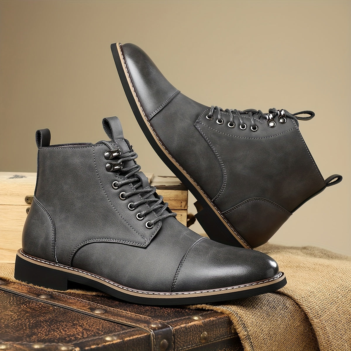 Herren Stiefel Schnürschuhe mit Reißverschluss und Zehenkappe