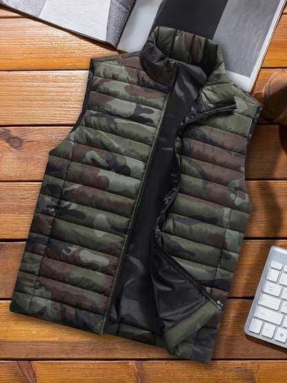 Unisex quilted camouflage vest with stand-up collar