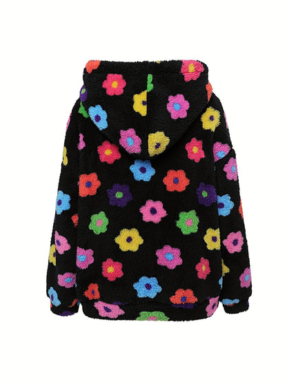 Hooded teddy jacket with colorful floral patterns and a zipper