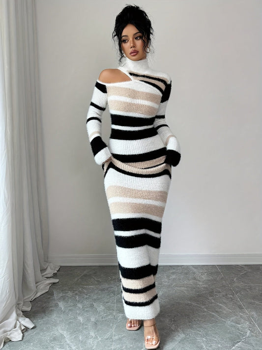 Women's striped maxi dress, long-sleeved with a cutout