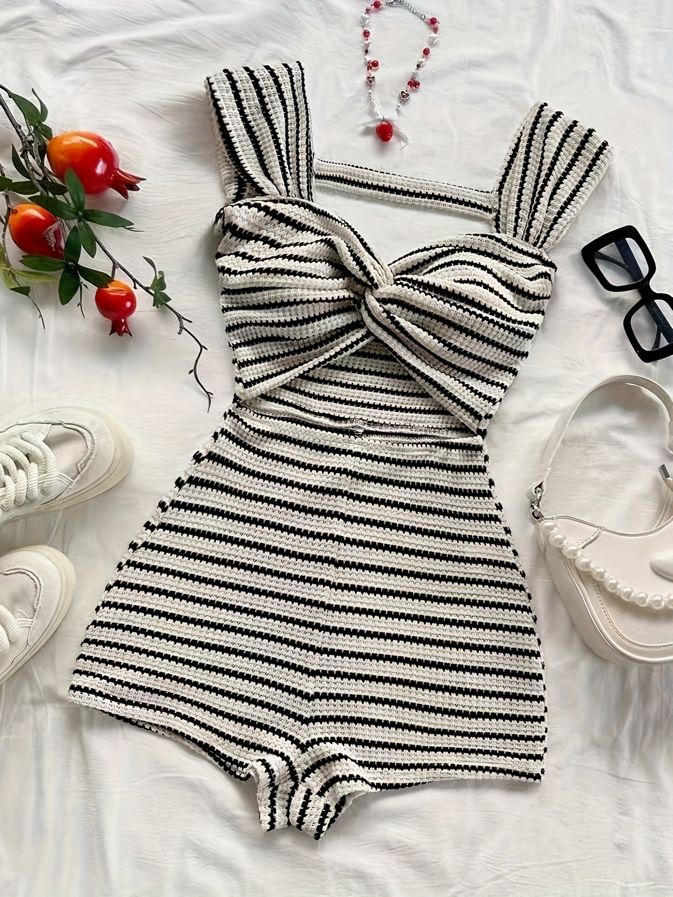 Women's One-Piece Knit Jumpsuit with Stripes and Twist Front – Fashionable Summer Jumpsuit
