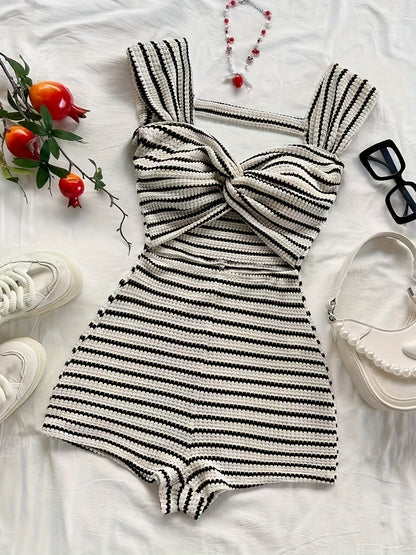 Women's One-Piece Knit Jumpsuit with Stripes and Twist Front – Fashionable Summer Jumpsuit