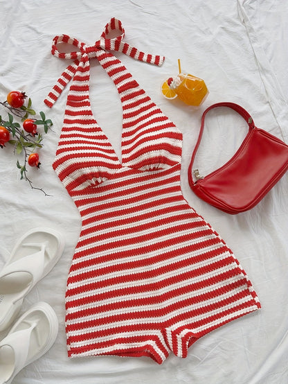 Damen Retro-Style Halterneck Einteiler Playsuit für Sommer und Urlaub