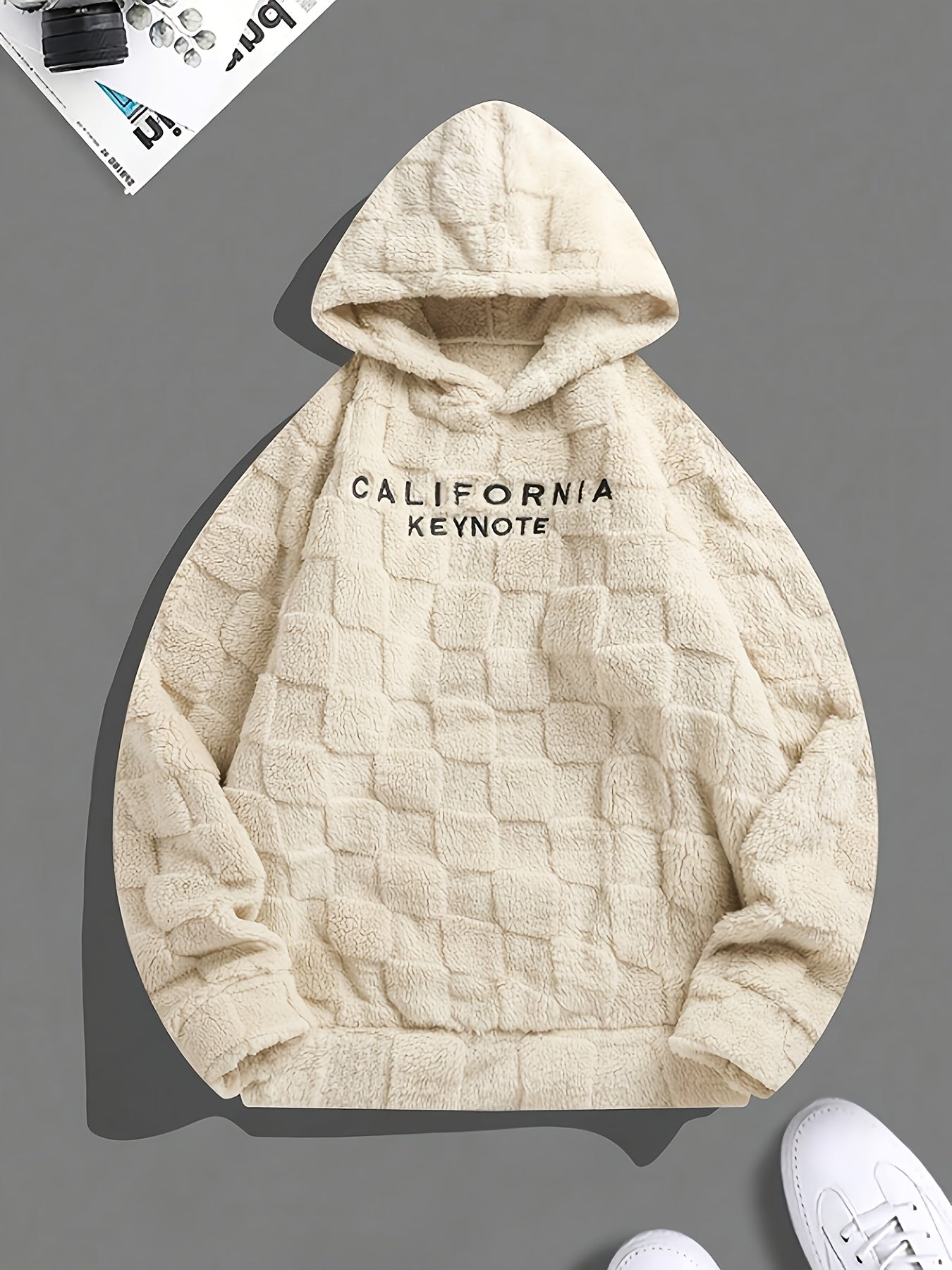 Unisex Flauschiger Hoodie mit Schachbrettmuster und Stickerei
