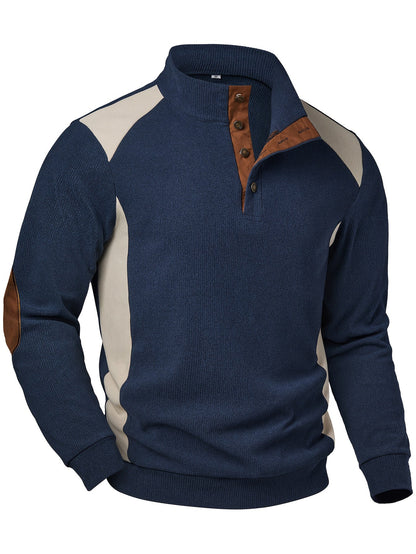 Men’s sweater, knit-look, stand-up collar, button placket, navy blue, beige