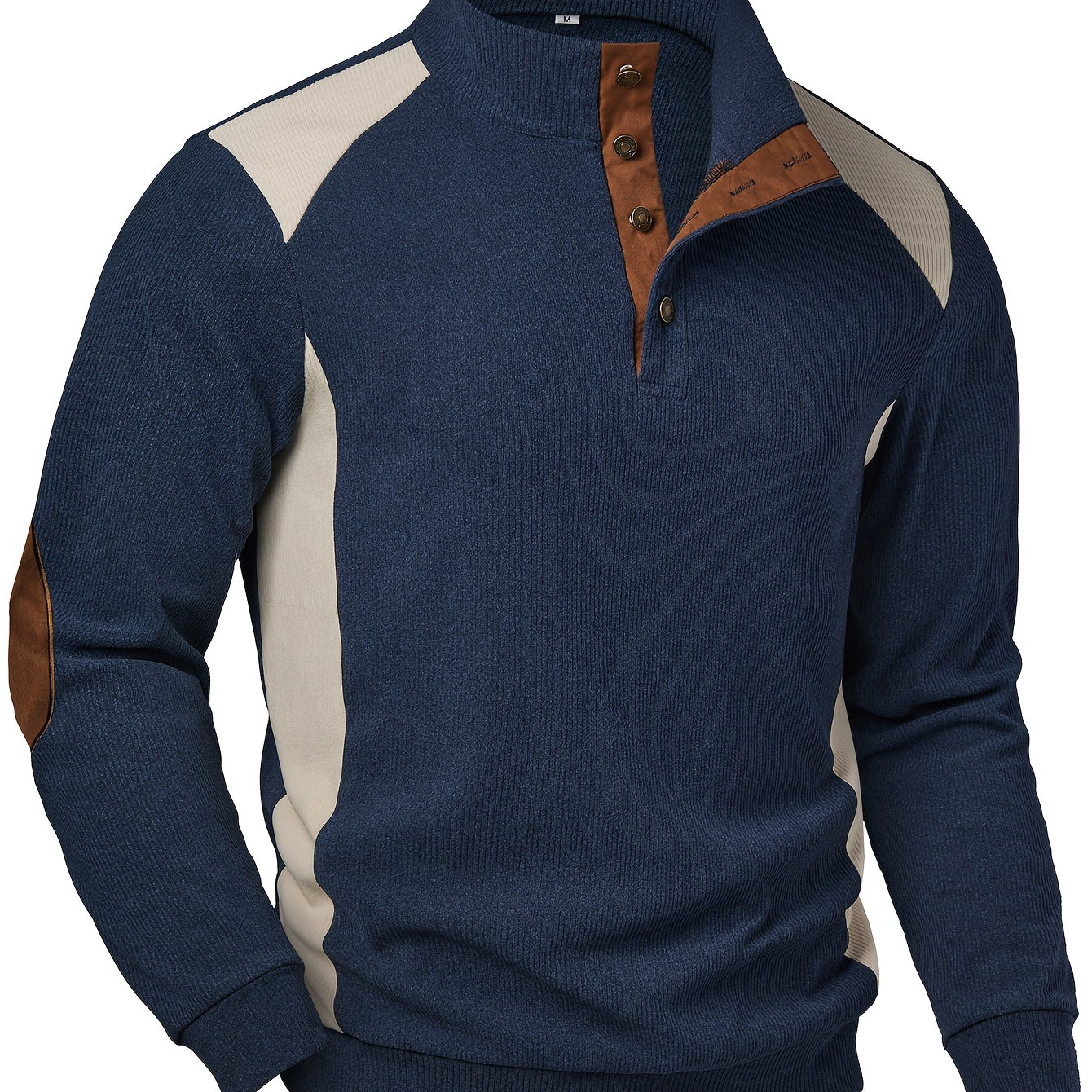Men’s sweater, knit-look, stand-up collar, button placket, navy blue, beige