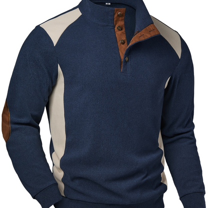 Men’s sweater, knit-look, stand-up collar, button placket, navy blue, beige