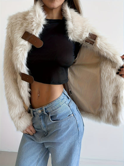 Women's beige faux fur jacket with buckles