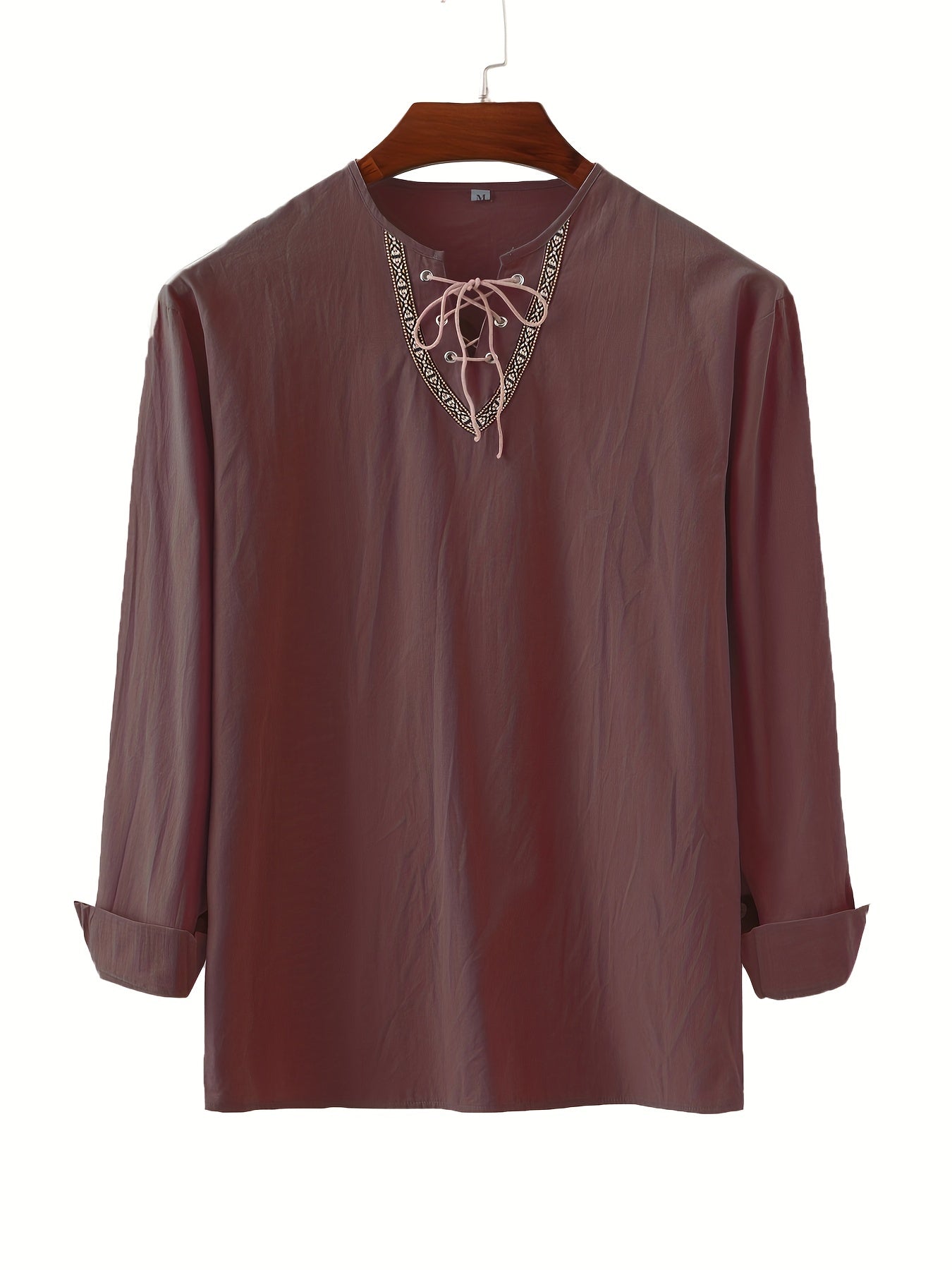 Herren Vintage Langarmshirt mit Schnürung und geometrischem Muster am Kragen