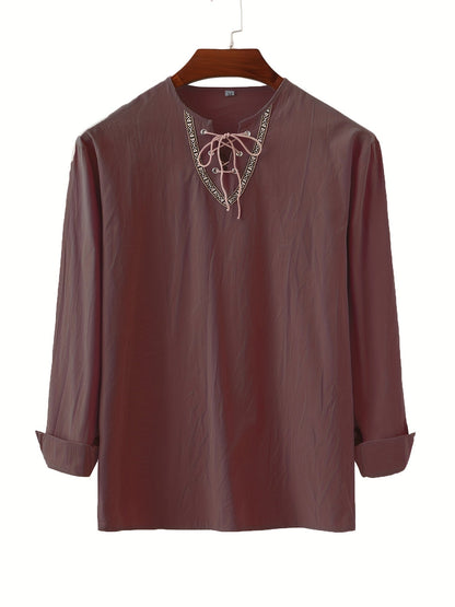 Herren Vintage Langarmshirt mit Schnürung und geometrischem Muster am Kragen