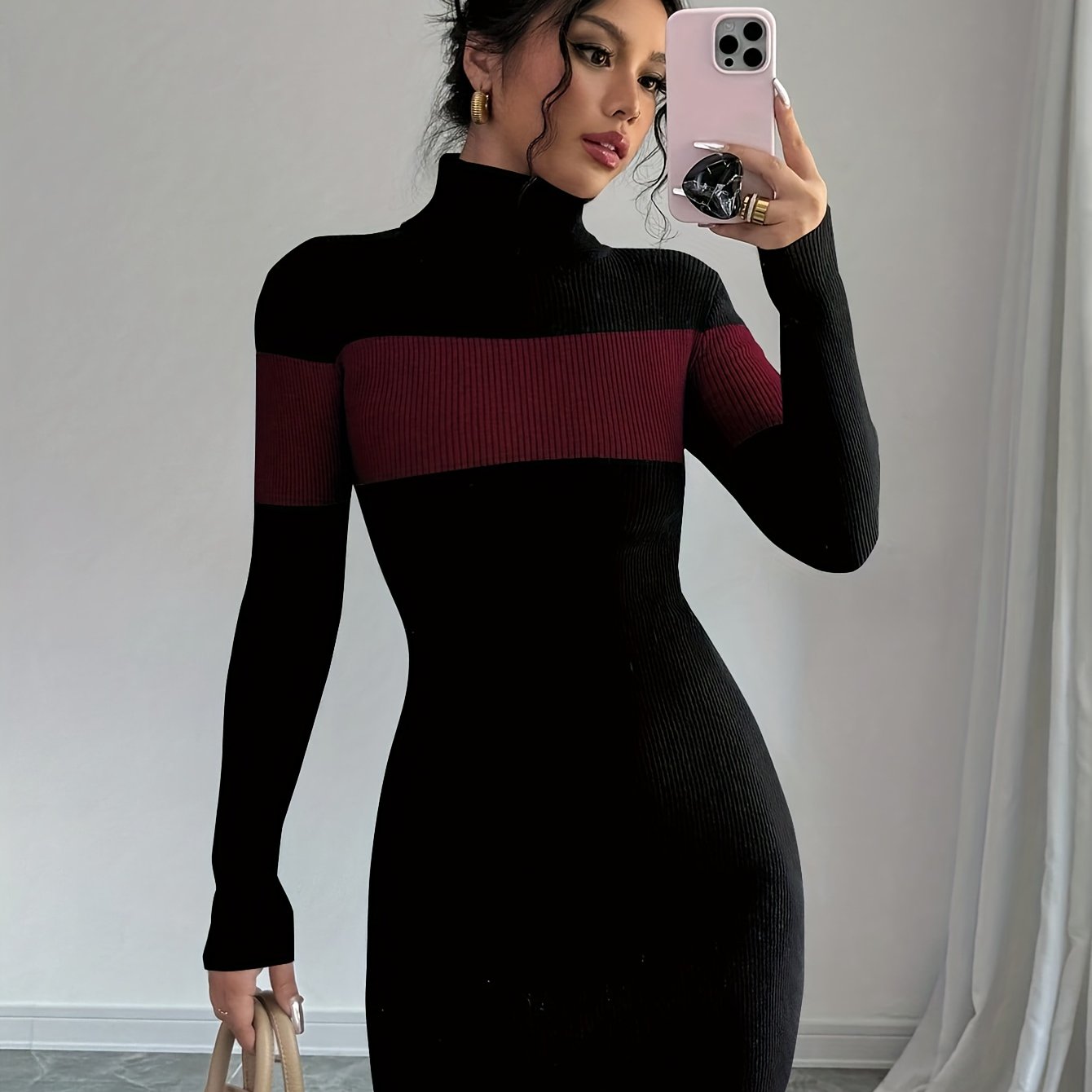 Rollkragen Strickkleid mit Blockstreifen Langarm Figurbetont