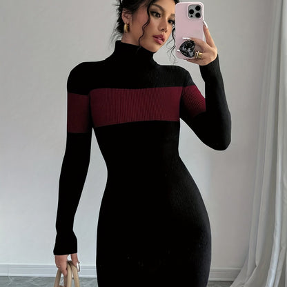 Rollkragen Strickkleid mit Blockstreifen Langarm Figurbetont