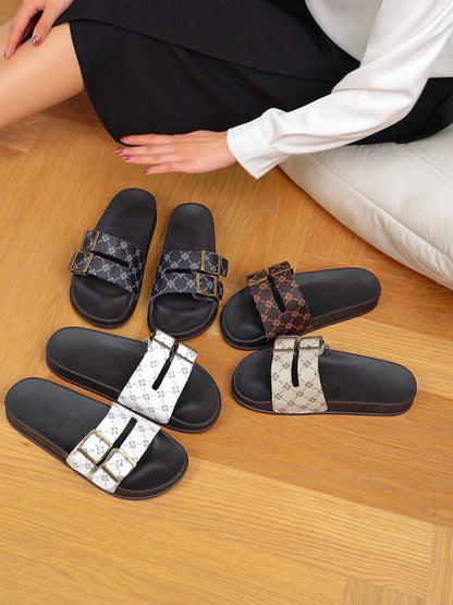 Women's Comfort Slides with Double Straps and Buckles – Fashionable Casual Sandals for Everyday and Vacation