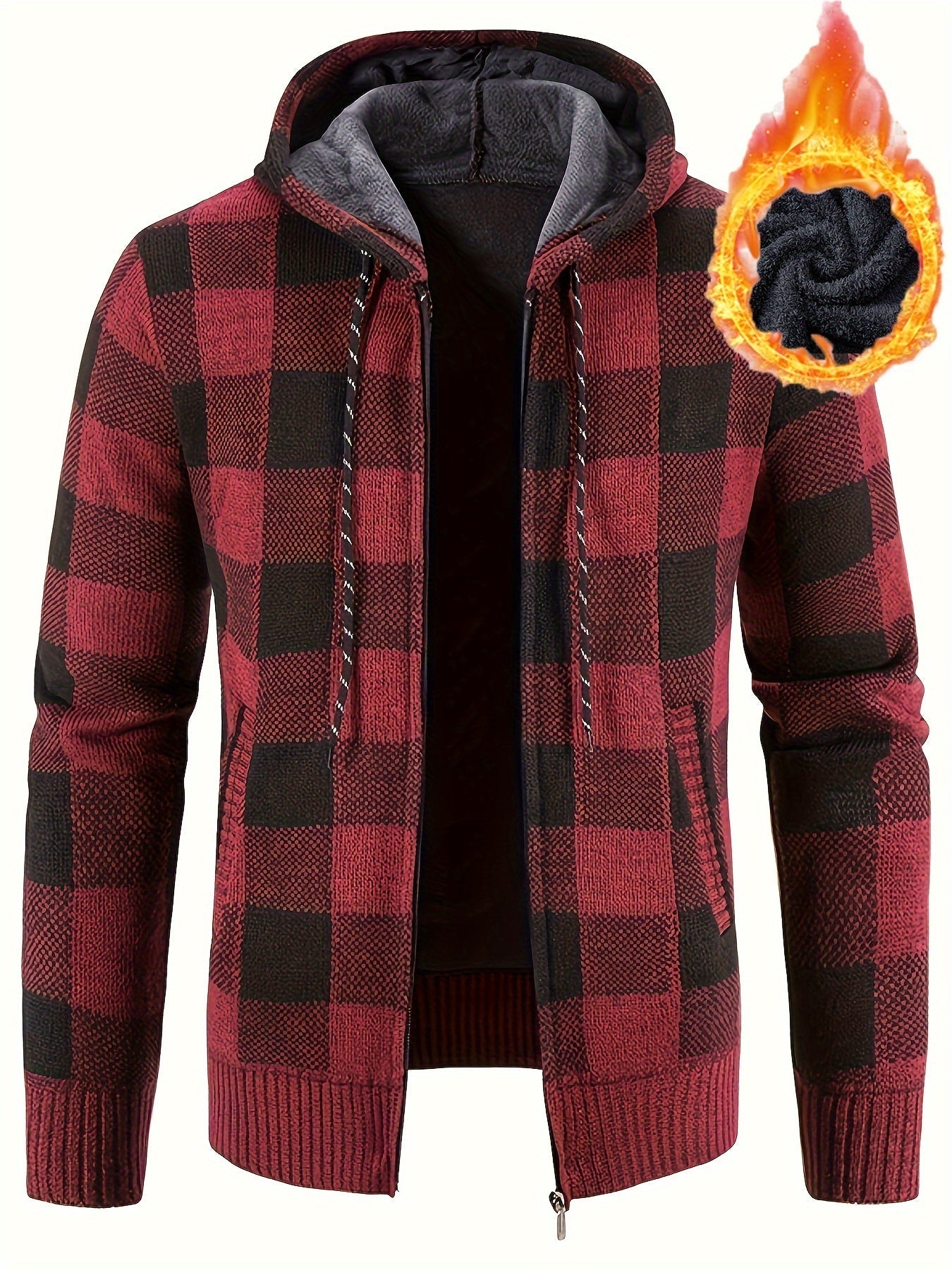 Herren Karierte Strickjacke mit Kapuze und Reißverschluss, gefüttert