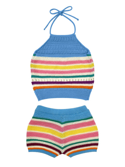 Damen Y2K Strick-Set mit Halterneck-Top und Shorts – Bunte Streifen, Sommer Freizeit Outfit