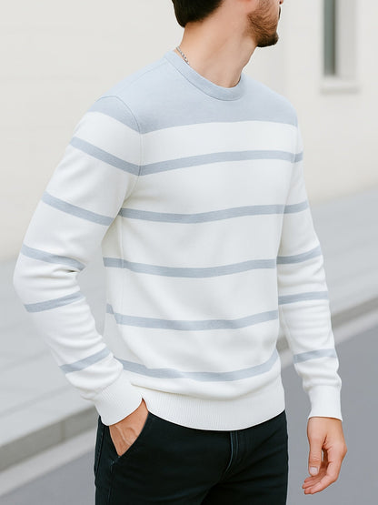 Men's striped crew-neck long-sleeve sweater, green and white