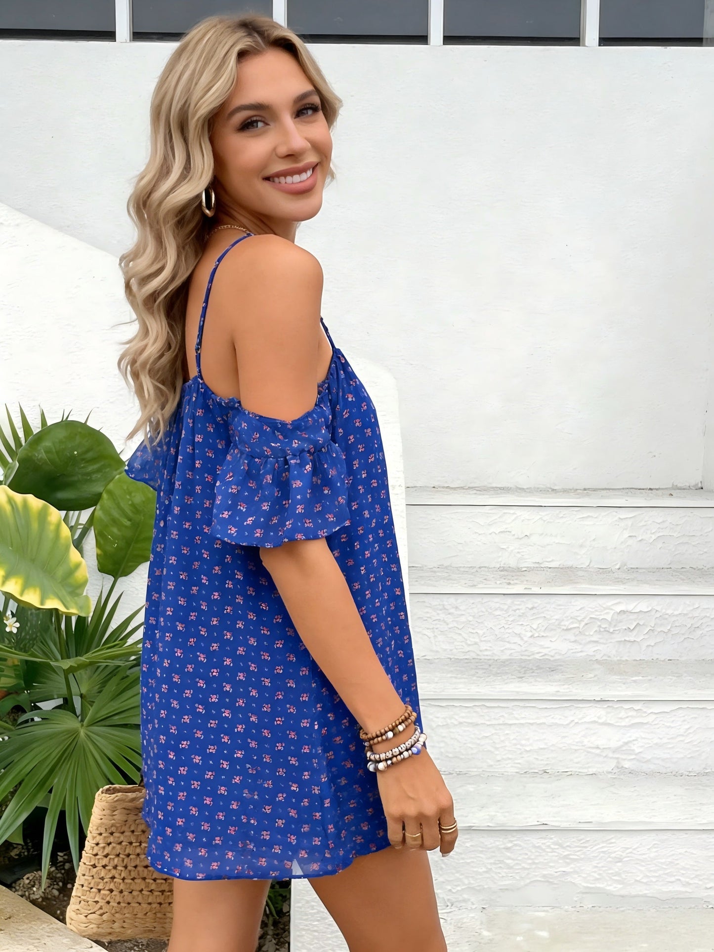 Women's Summer Mini Dress with Floral Pattern and Off-Shoulder Design – Casual Leisure Look