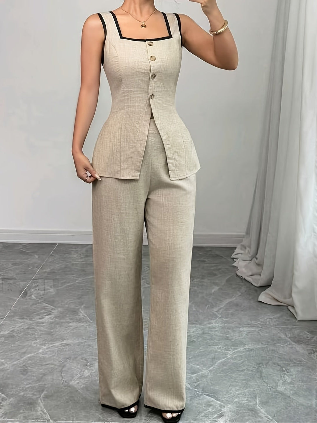 Women's Elegant Two-Piece Suit with Button Placket – Business & Casual Set