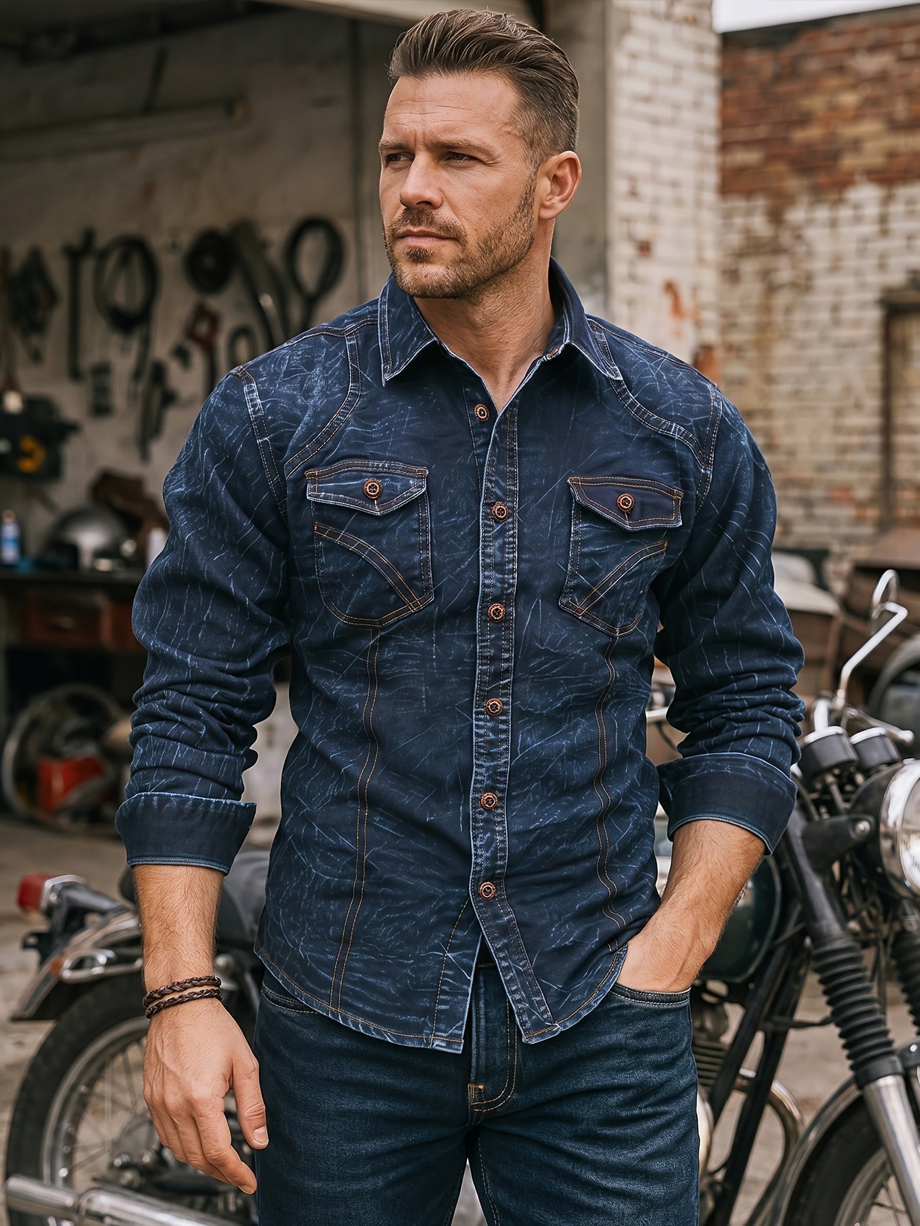 Men's long-sleeve dark blue denim shirt with chest pockets in a worn look