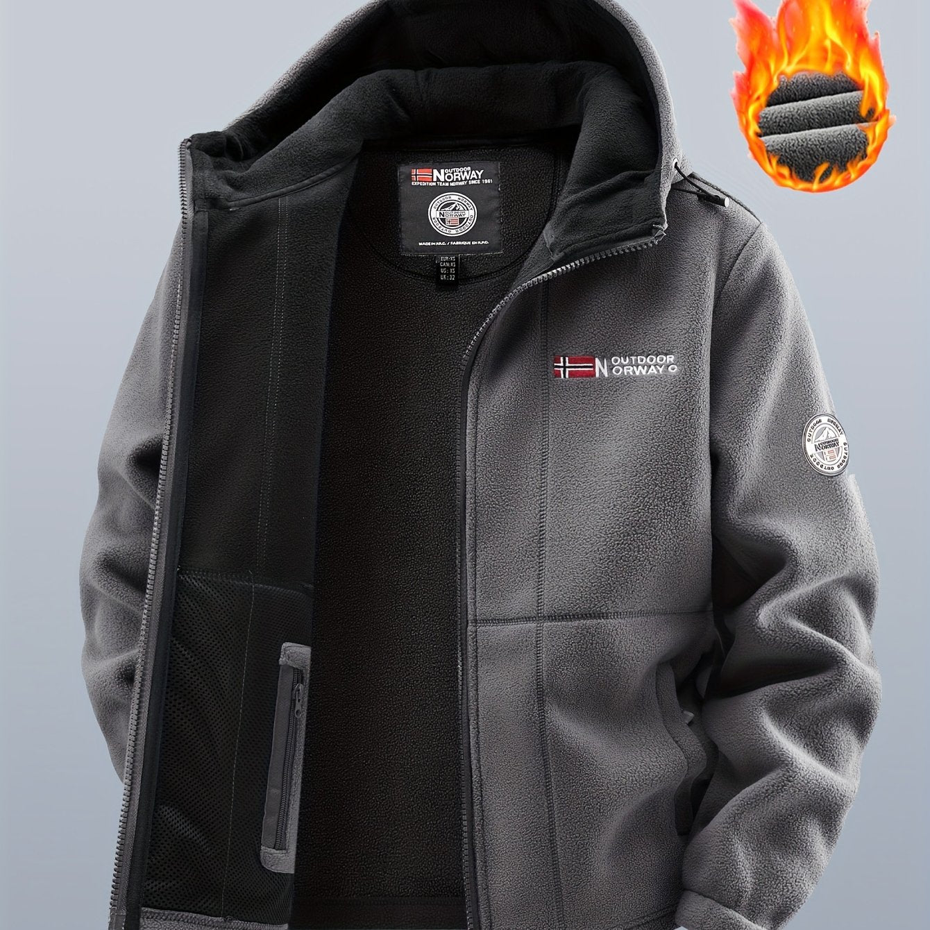 Thermo Fleecejacke mit Kapuze für Herren, durchgehender Reißverschluss