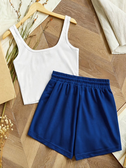 Women's sporty casual set with "The Mountains Adventure" print – top & shorts – perfect for summer & outdoor activities