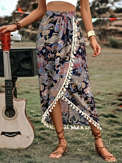 Women's Boho Wrap Midi Skirt with Paisley Pattern and Tassels – Summer Festival Style