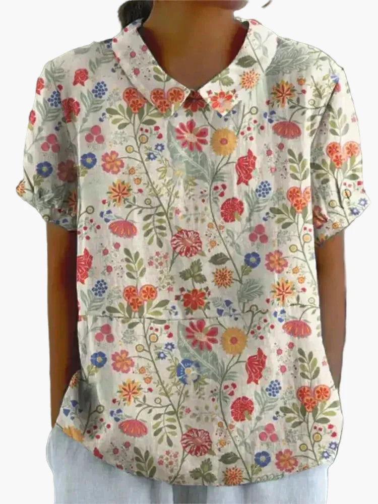 Women's blouse with embroidery and floral pattern – old-fashioned style, short-sleeved, elegant for everyday wear and office