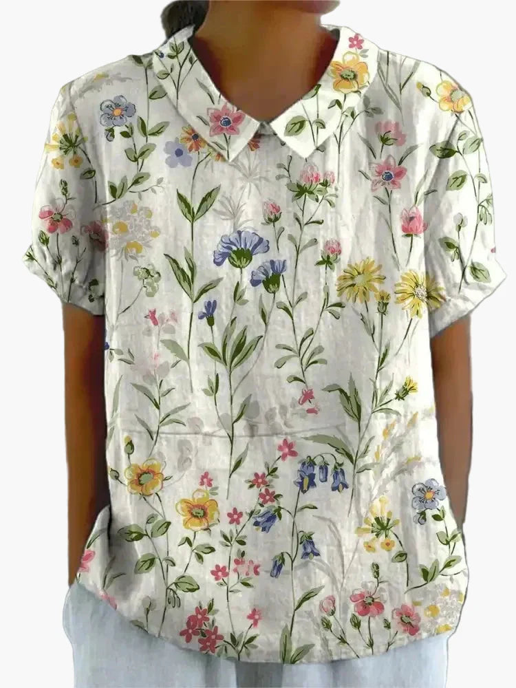 Women's blouse with embroidery and floral pattern – old-fashioned style, short-sleeved, elegant for everyday wear and office