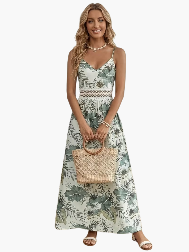 Women's maxi dress with tropical print and lace detail – perfect for vacation & summer