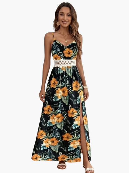 Women's maxi dress with tropical print and lace detail – perfect for vacation & summer