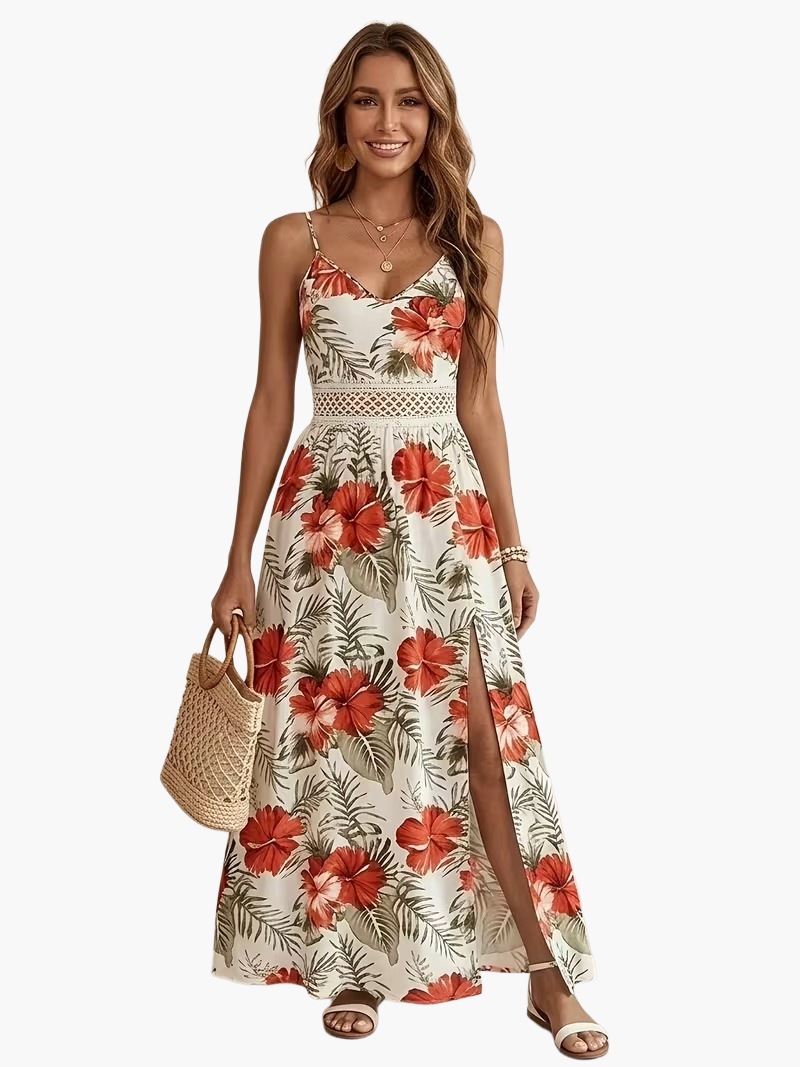 Women's maxi dress with tropical print and lace detail – perfect for vacation & summer