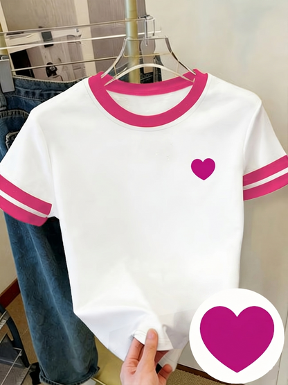 Damen T-Shirt mit Herz-Print und Kontraststreifen – Modisches Freizeitshirt für Frühling und Sommer