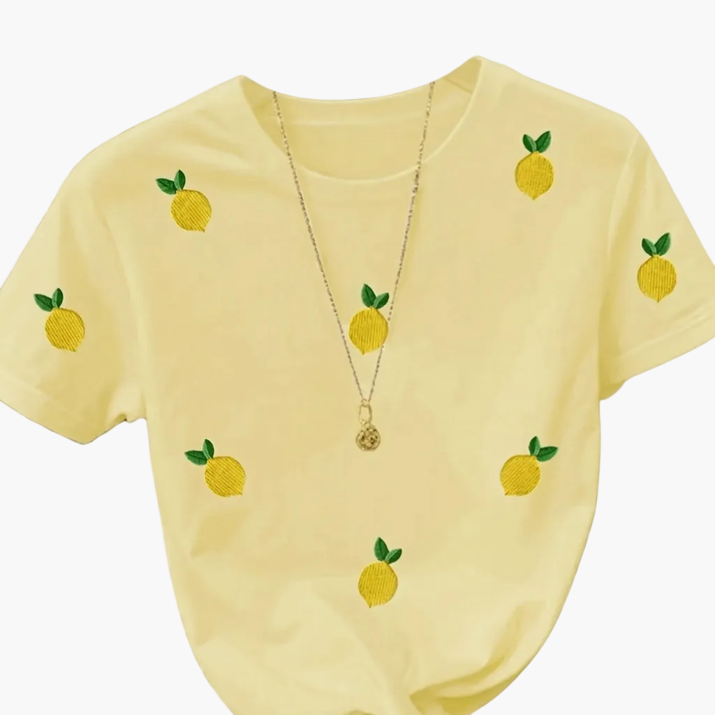 Women's T-shirt with Lemon Embroidery and Summery Fruit Design, Casual Style