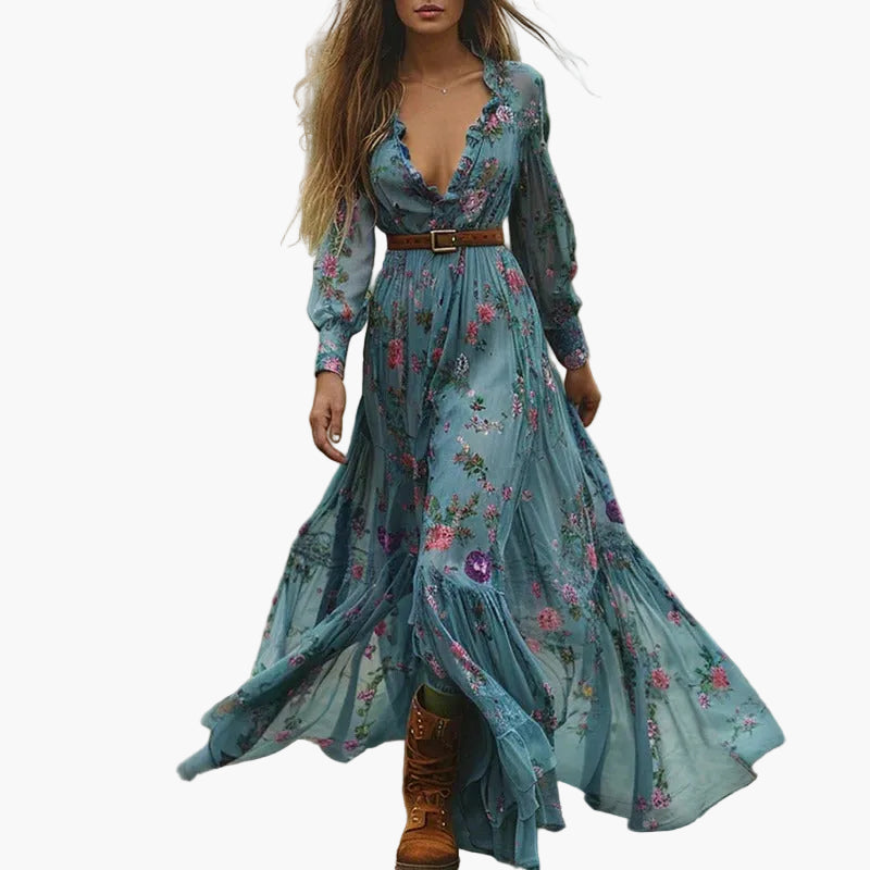 Damen Boho Maxikleid mit Blumenstickerei und langen Ärmeln – Elegantes Freizeitkleid für Frühling, Sommer & Herbst